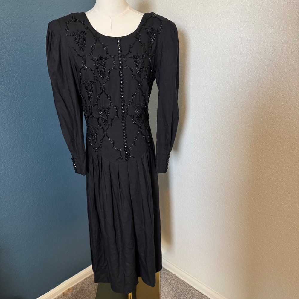Vintage 90s Goth Beaded Dress Plaza South Petites Size 10 Black